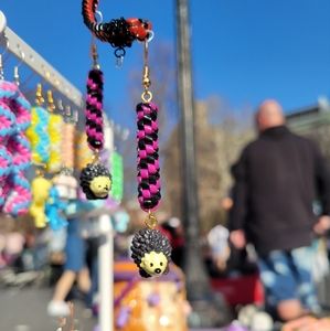 Purple Black Spirals w Hedgehog Charms - Handmade Lanyard / Scoobidou Earrings